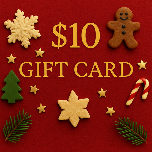 Lrcraftsoaps $10 holiday gift card with snowflakes, gold stars, and Christmas candy cane”