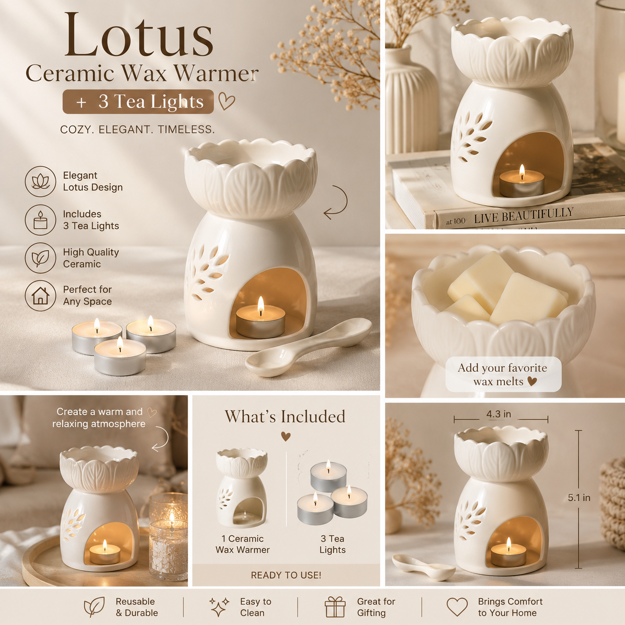 Lotus Ceramic Wax Warmer  + 3 Tea Lights