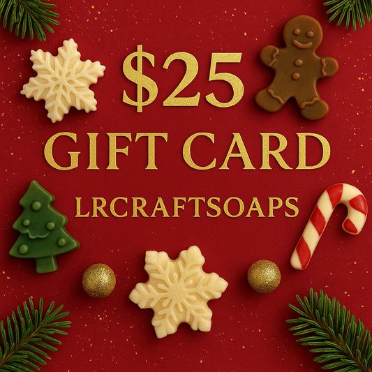 Lrcraftsoaps $25 Christmas gift card with gingerbread cookie, snowflakes, and holiday decorations”