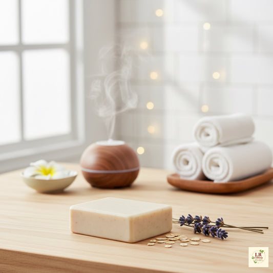 Handmade lavender and oatmeal soap in soft beige tone with natural exfoliating oat texture and ‘handmade’ tag, calming soothing artisan soap by Lrcraftsoaps”