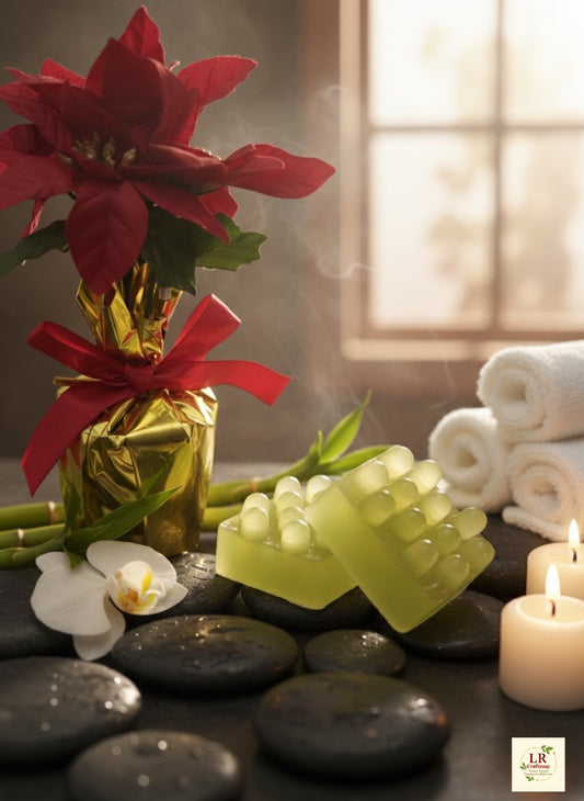 
“Cucumber and aloe massage soap bar with candles and spa stones