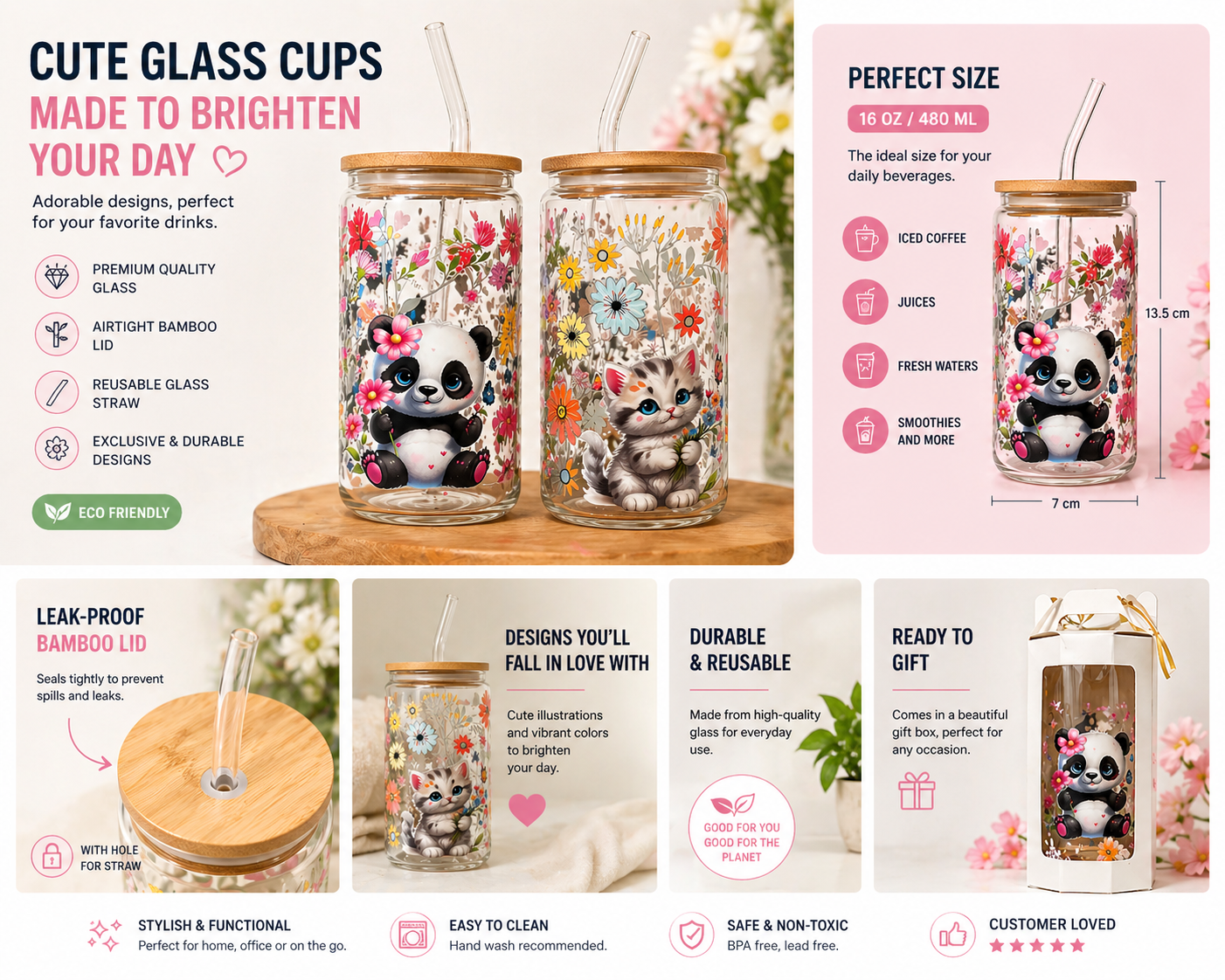 Cute Glass Cups with Bamboo Lid & Straw – Floral Animal Design