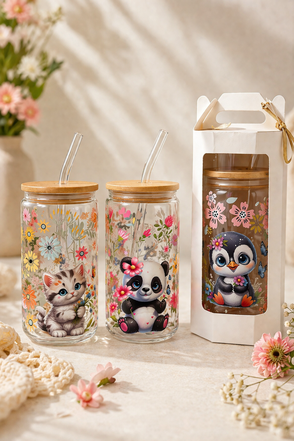 Cute Glass Cups with Bamboo Lid & Straw – Floral Animal Design