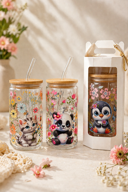 Cute Glass Cups with Bamboo Lid & Straw – Floral Animal Design