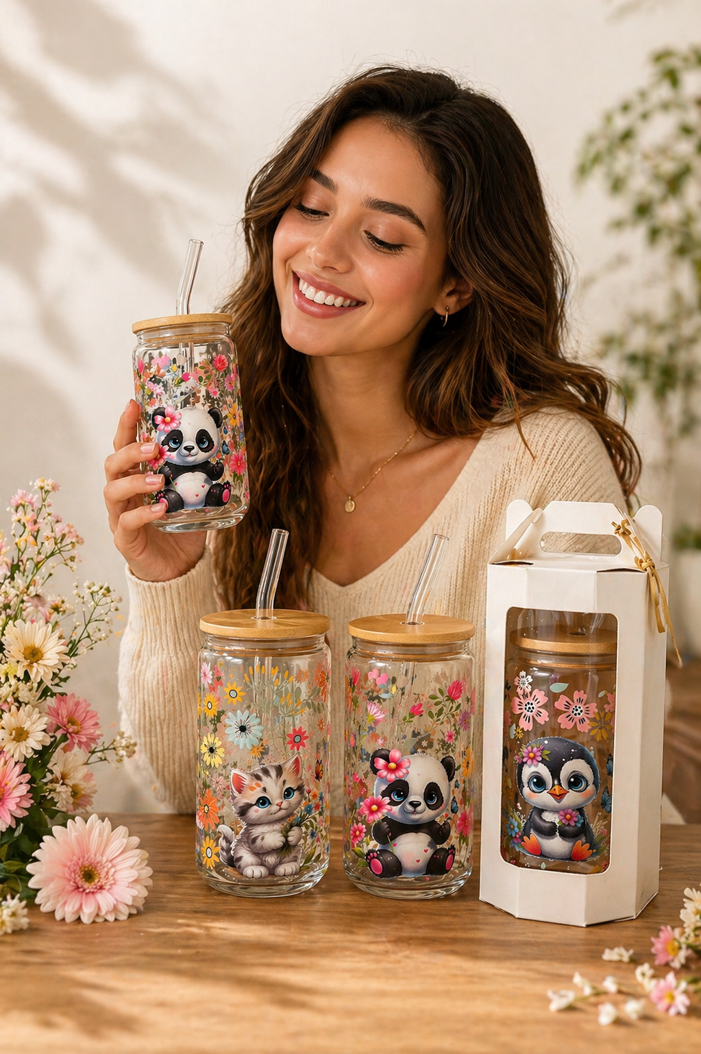 Cute Glass Cups with Bamboo Lid & Straw – Floral Animal Design