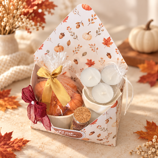 Autumn Cozy Gift Set with wax warmer and handmade wax melts in an elegant fall setting