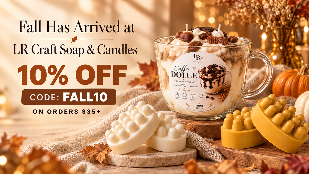 LR Craft Soap & Candles fall promotion — 10% off with code FALL10, homepage banner without button