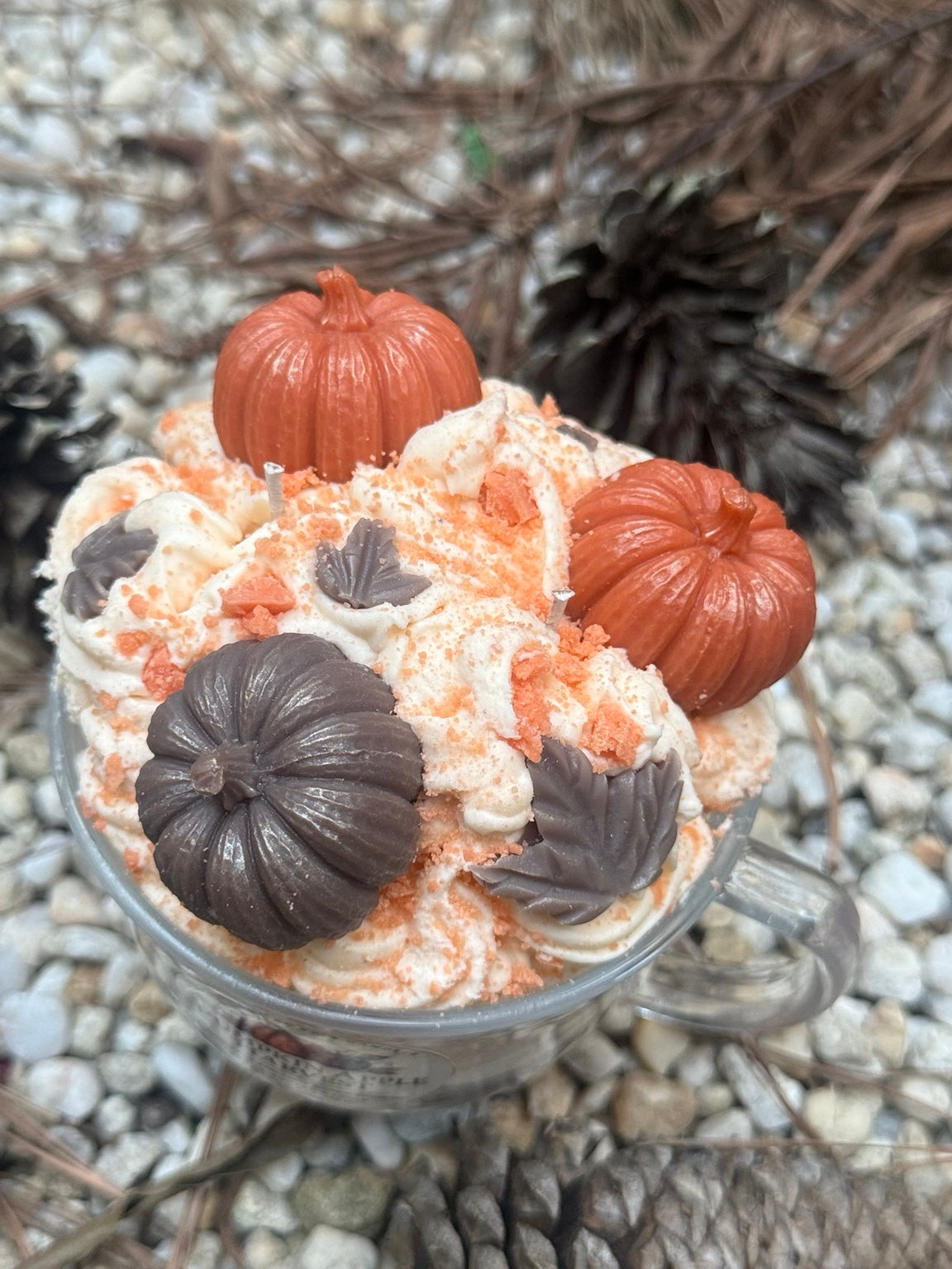 Pumpkin Apple Harvest candle top detail with pumpkin wax decorations